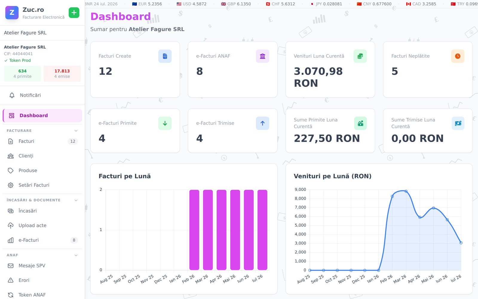 Panoul de control ZUC.ro cu sumarul facturilor și graficele pe ultimele 12 luni
